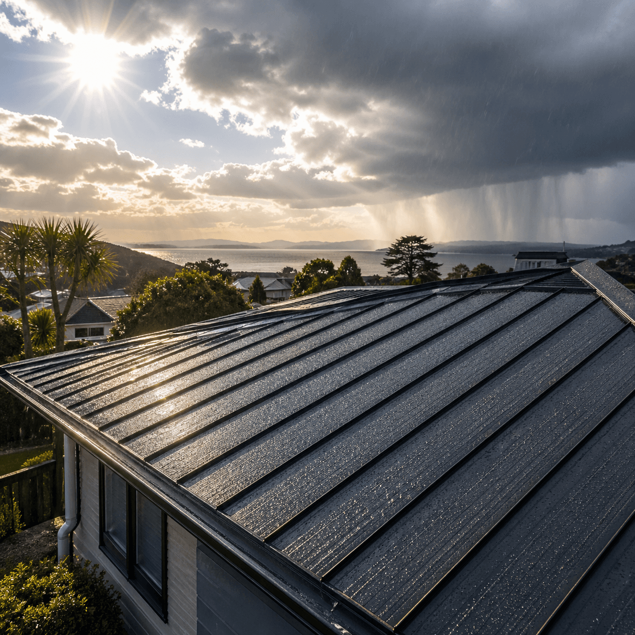 Auckland roof coating — dark metal roof against NZ harbour at dusk
